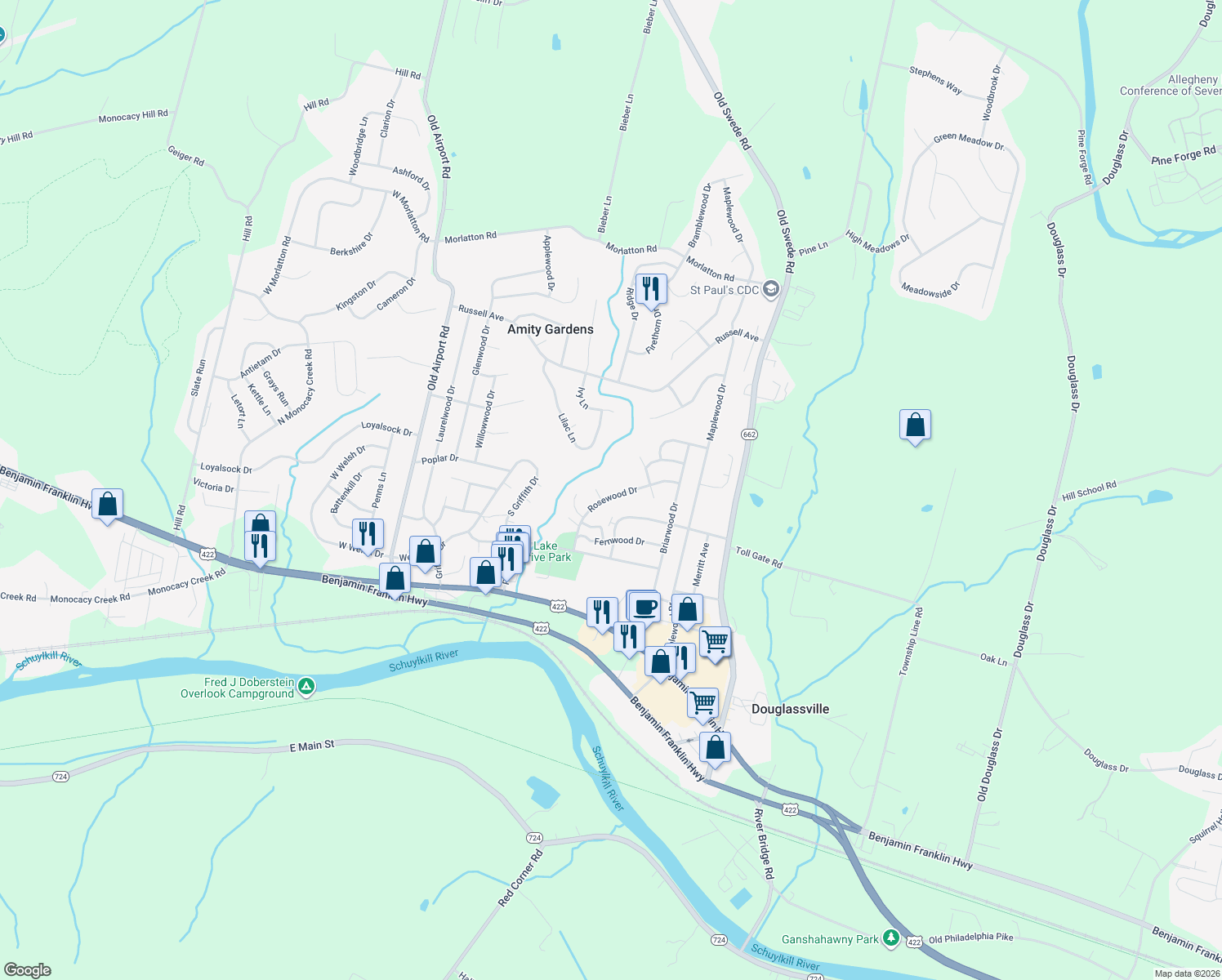map of restaurants, bars, coffee shops, grocery stores, and more near 732 Rosewood Drive in Douglassville