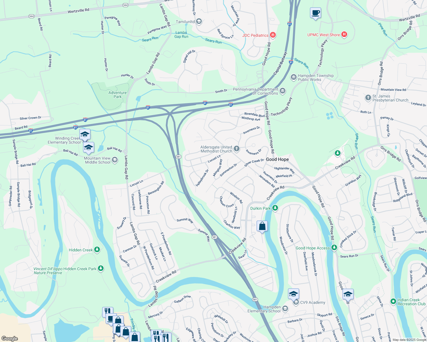map of restaurants, bars, coffee shops, grocery stores, and more near 1315 Abington Way in Mechanicsburg