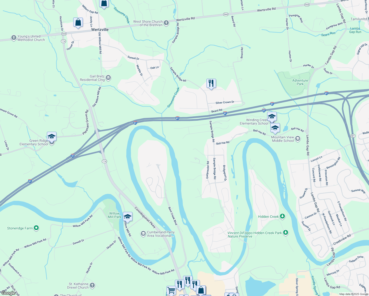 map of restaurants, bars, coffee shops, grocery stores, and more near 7 Hidden Meadow Drive in Mechanicsburg