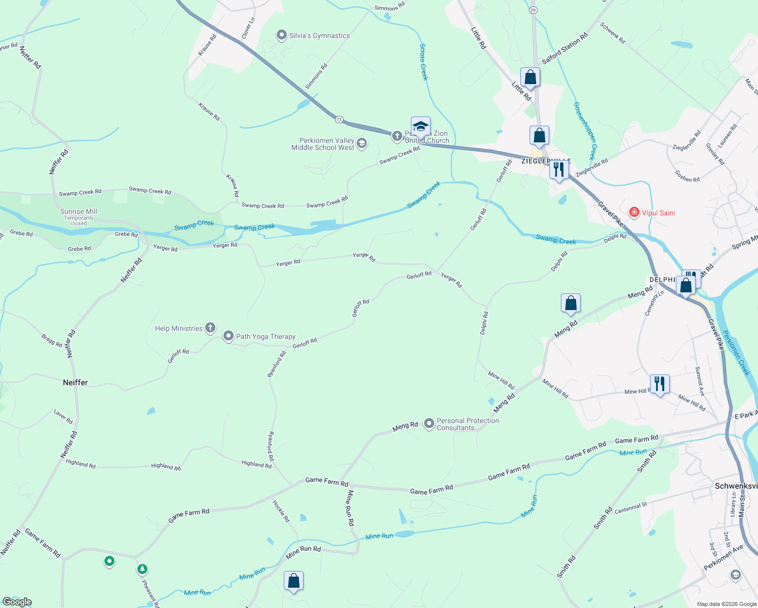 map of restaurants, bars, coffee shops, grocery stores, and more near 116 Gerloff Road in Schwenksville