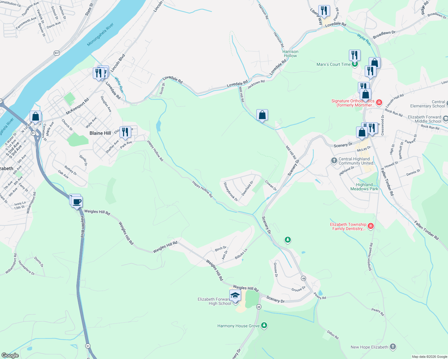 map of restaurants, bars, coffee shops, grocery stores, and more near 501 Cowan Drive in Elizabeth