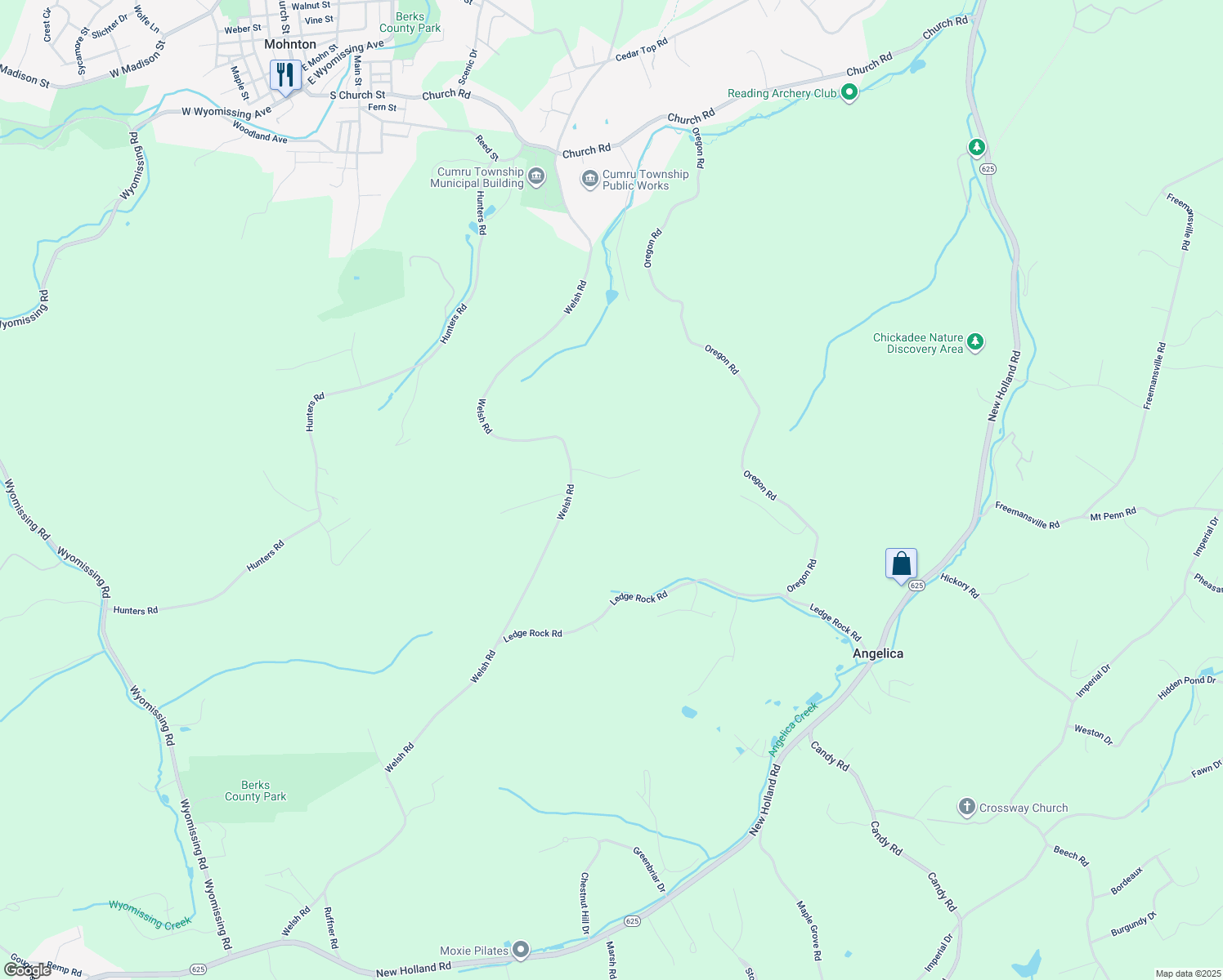 map of restaurants, bars, coffee shops, grocery stores, and more near 5 Forest Road in Mohnton