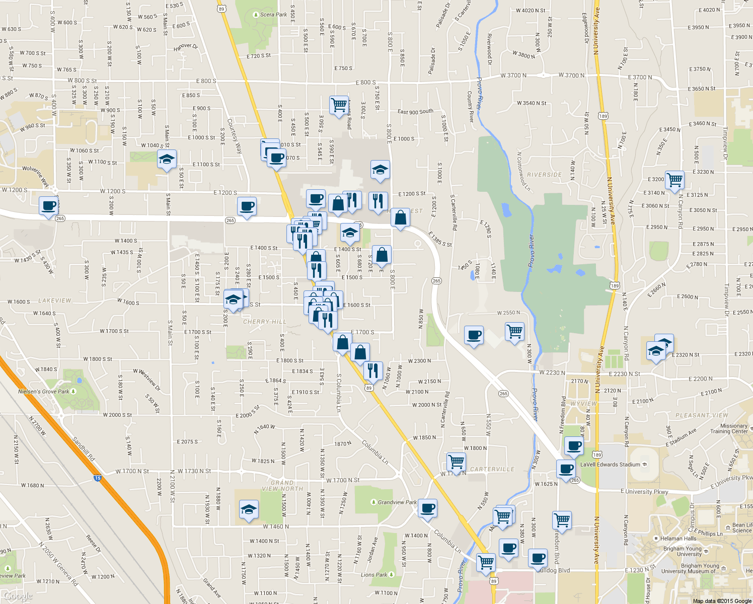 map of restaurants, bars, coffee shops, grocery stores, and more near 749 East 1600 South Street in Orem