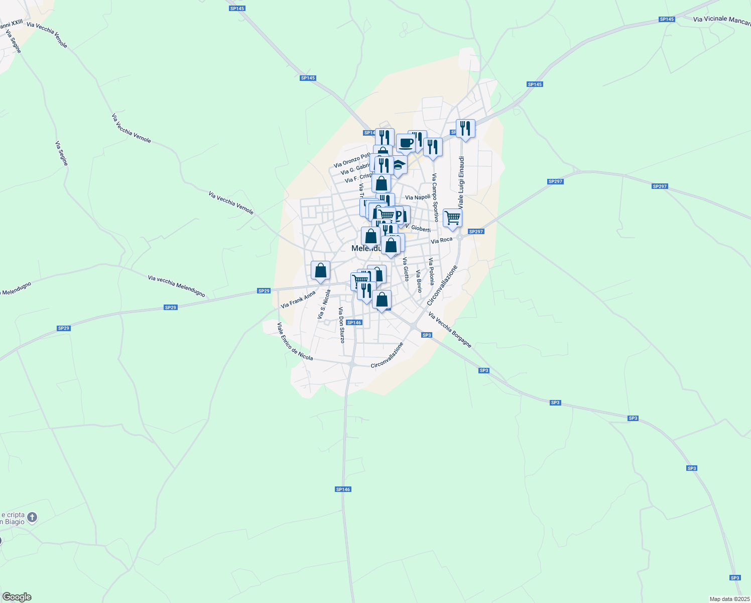 map of restaurants, bars, coffee shops, grocery stores, and more near SP29 in Melendugno