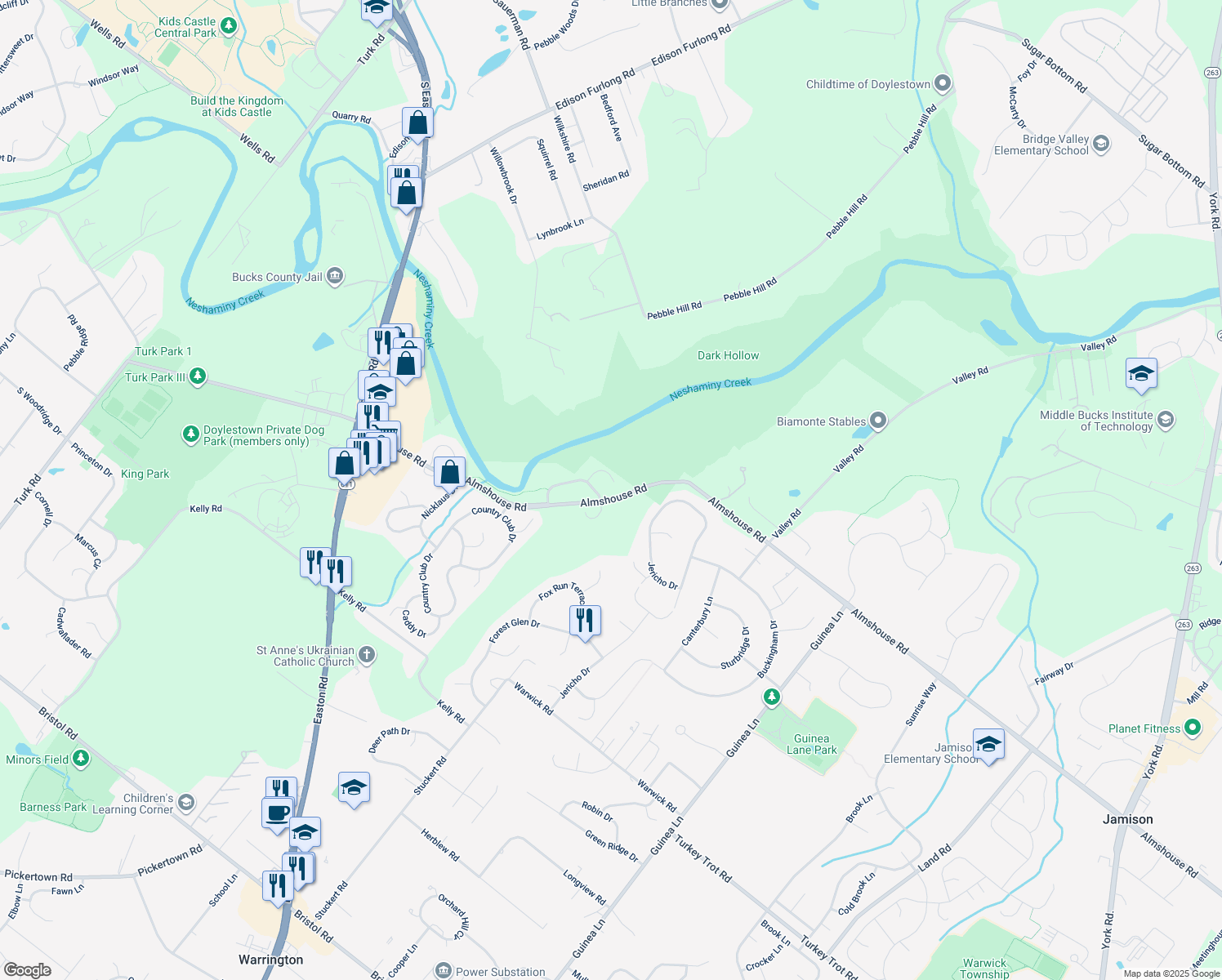 map of restaurants, bars, coffee shops, grocery stores, and more near 54 Bogey Circle in Doylestown
