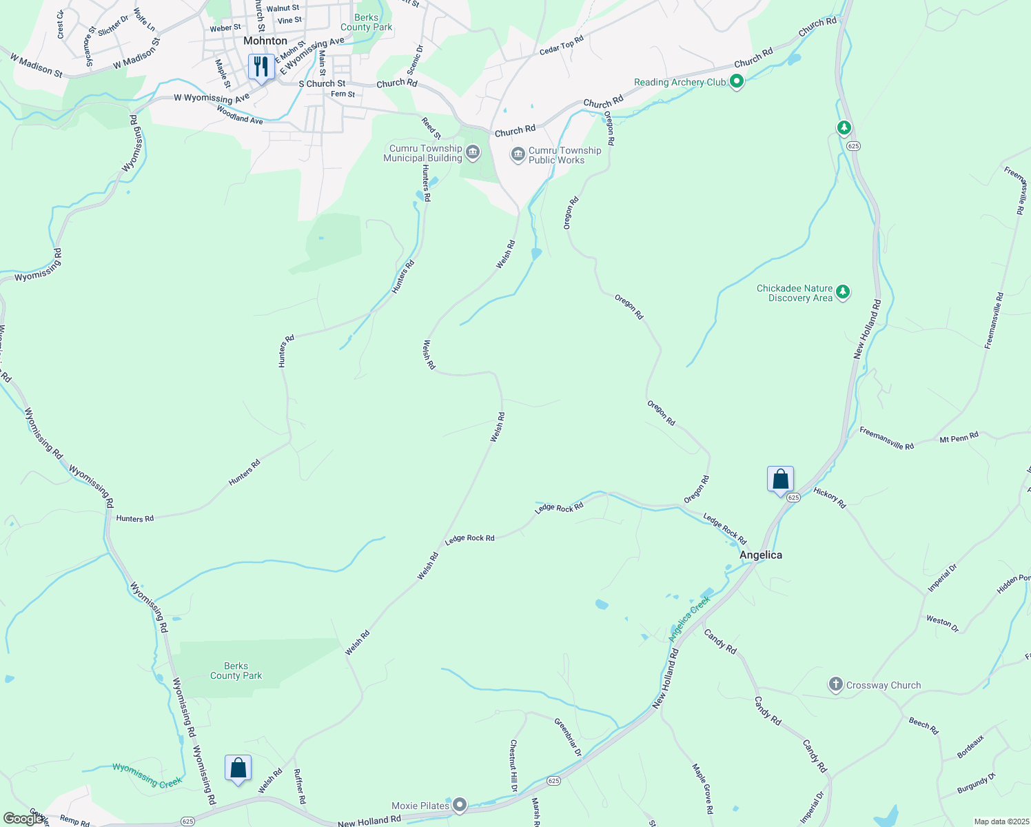map of restaurants, bars, coffee shops, grocery stores, and more near 6 Forest Road in Mohnton