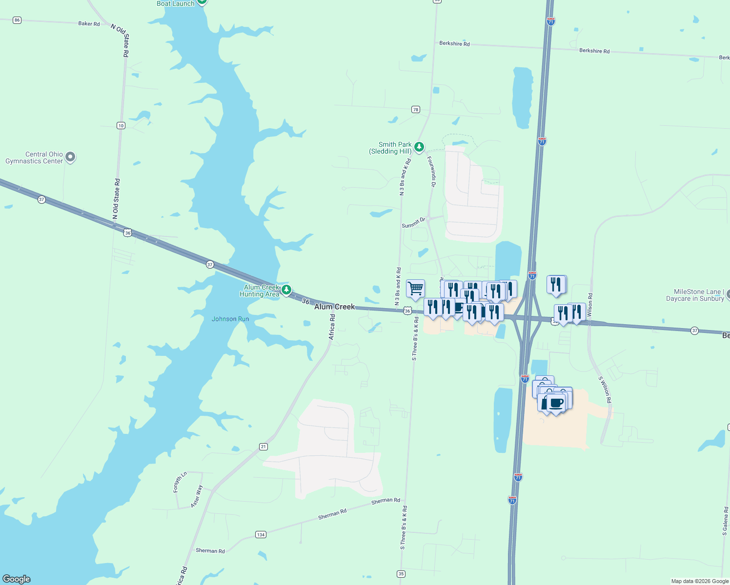 map of restaurants, bars, coffee shops, grocery stores, and more near 6765 Ohio 37 in Galena