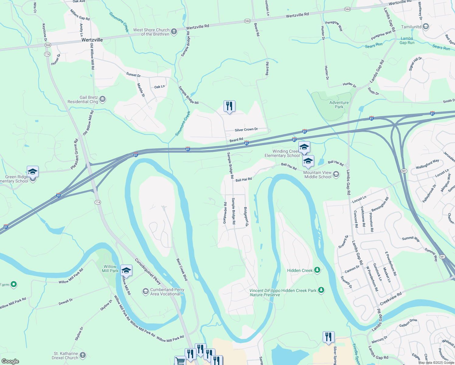 map of restaurants, bars, coffee shops, grocery stores, and more near 24 Gunpowder Road in Mechanicsburg