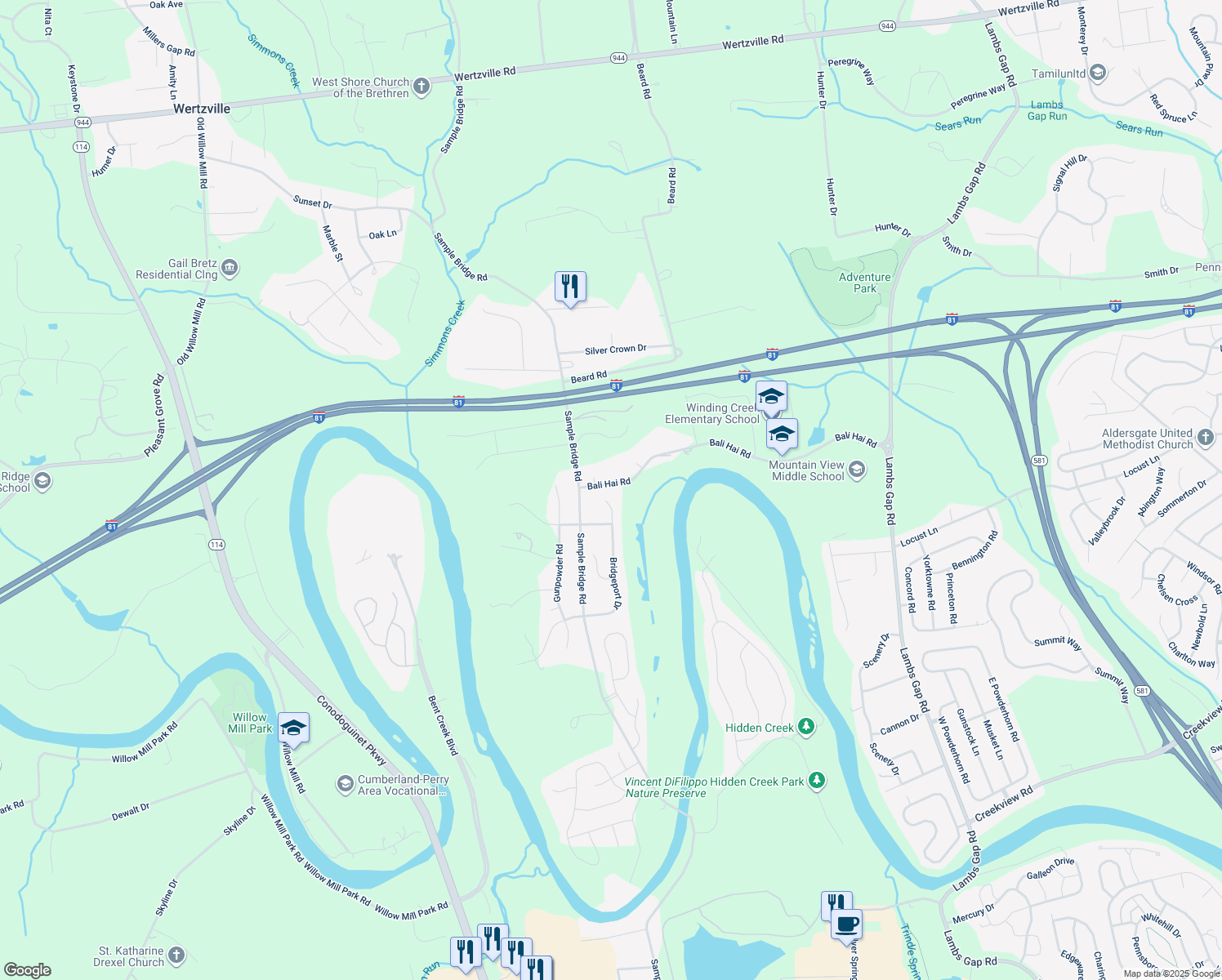 map of restaurants, bars, coffee shops, grocery stores, and more near 34 Bridgeport Drive in Mechanicsburg