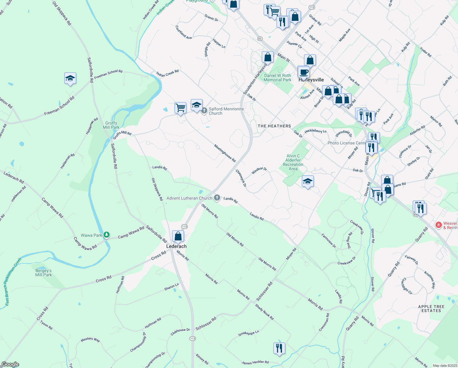 map of restaurants, bars, coffee shops, grocery stores, and more near 528 Harleysville Pike in Harleysville