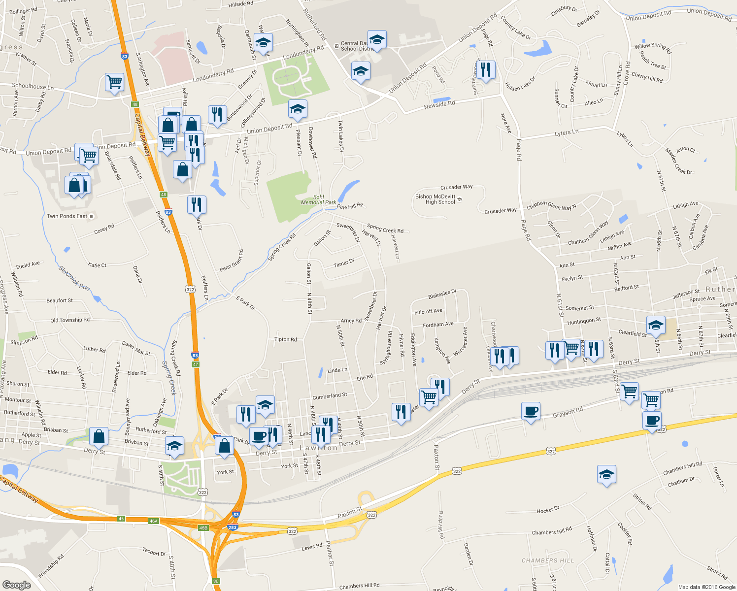 map of restaurants, bars, coffee shops, grocery stores, and more near 5137 Clover Court in Harrisburg