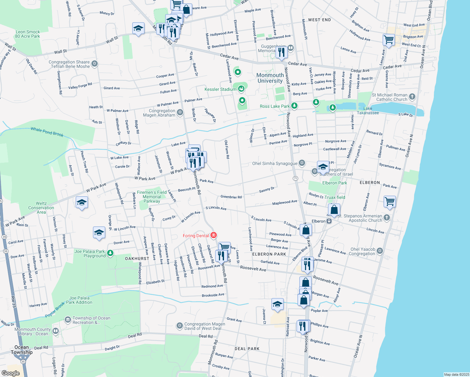 map of restaurants, bars, coffee shops, grocery stores, and more near 284 Park Avenue in Ocean Township