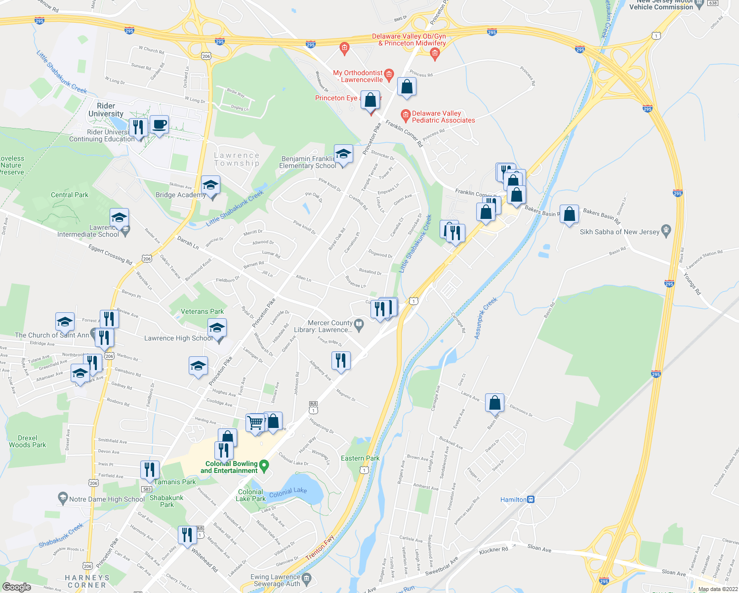 map of restaurants, bars, coffee shops, grocery stores, and more near 1221 Colts Circle in Lawrence Township