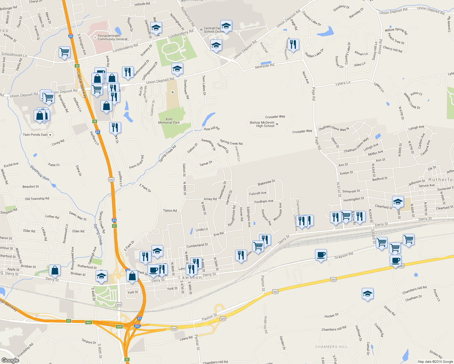 map of restaurants, bars, coffee shops, grocery stores, and more near 5157 Clover Court in Harrisburg