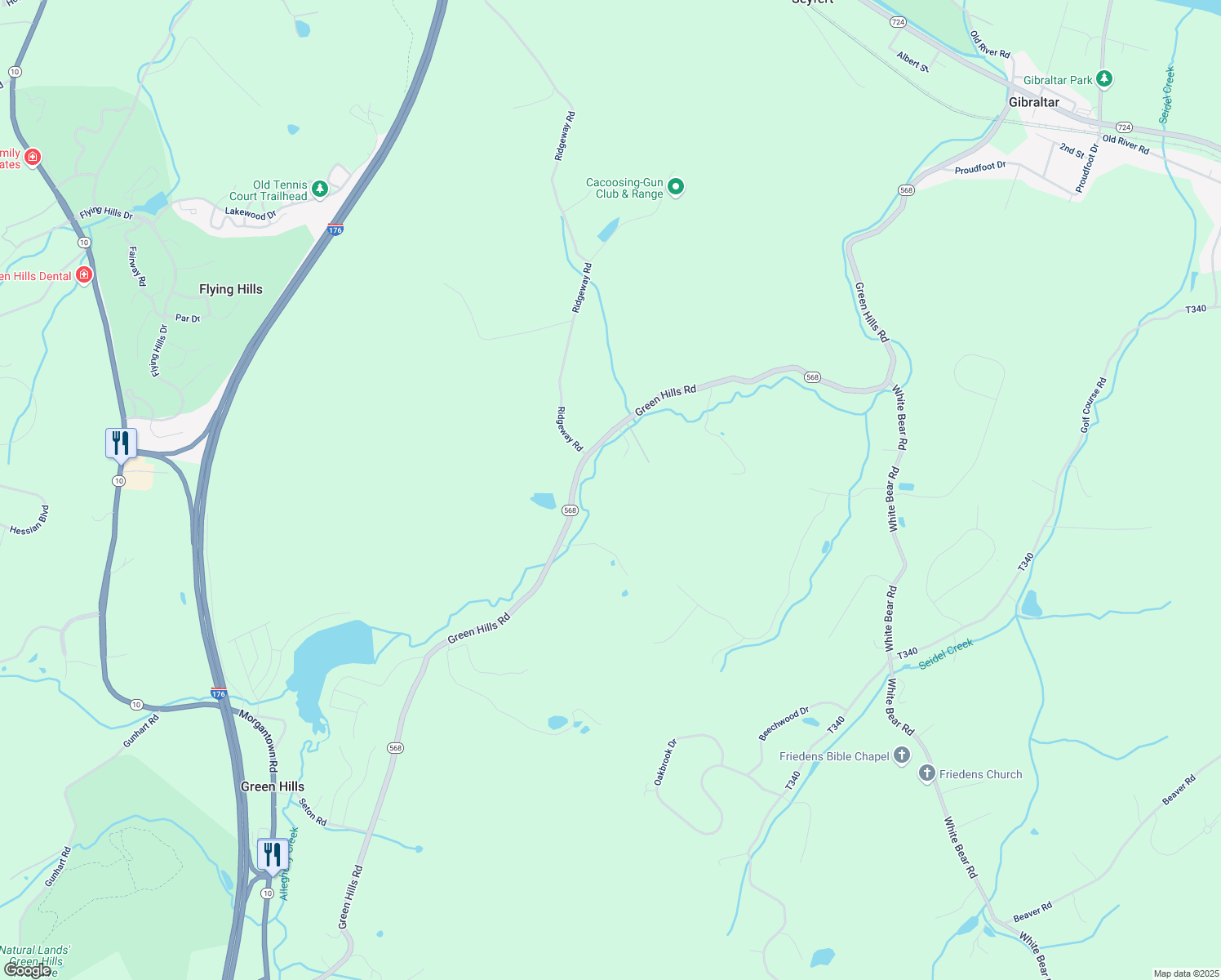 map of restaurants, bars, coffee shops, grocery stores, and more near 818 Green Hills Road in Birdsboro