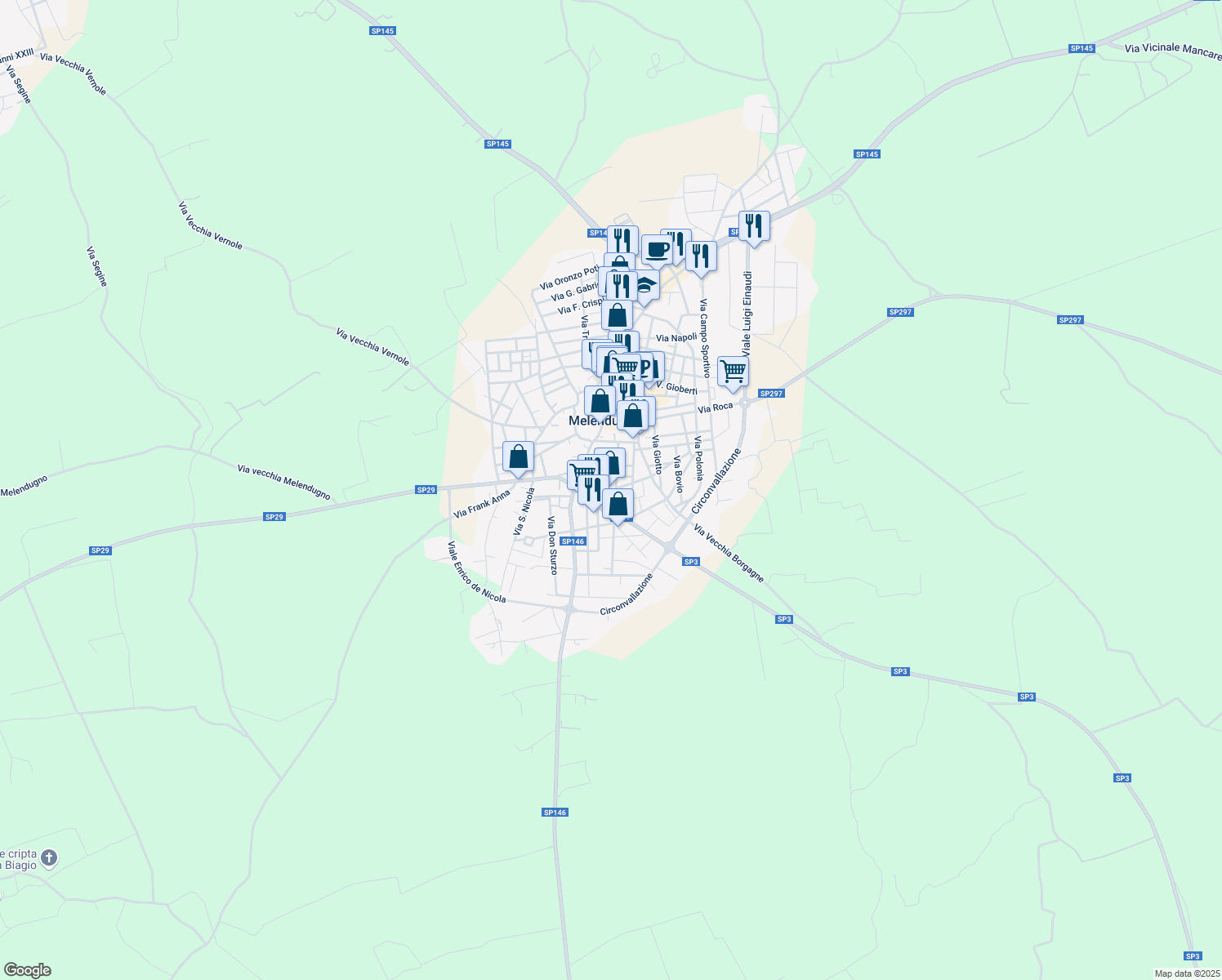 map of restaurants, bars, coffee shops, grocery stores, and more near 45 Via San Nicola in Melendugno