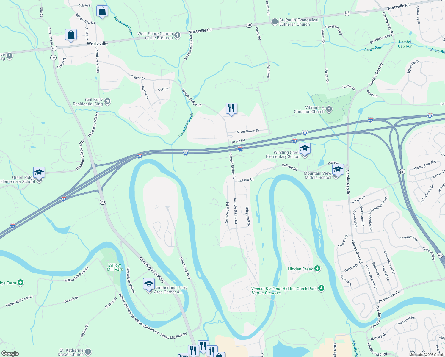 map of restaurants, bars, coffee shops, grocery stores, and more near 25 Gunpowder Rd in Mechanicsburg