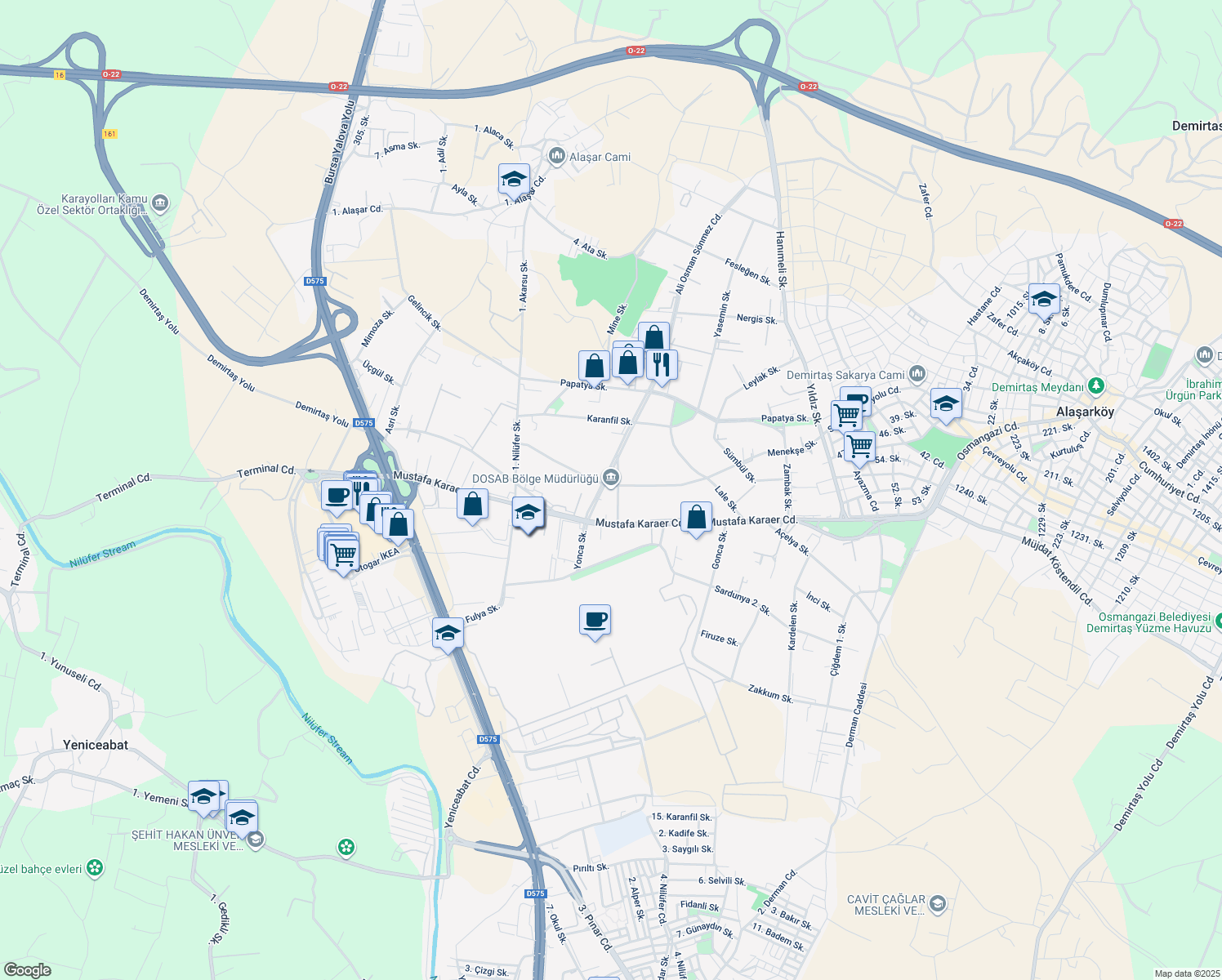 map of restaurants, bars, coffee shops, grocery stores, and more near 11 Gül Sokak in Osmangazi
