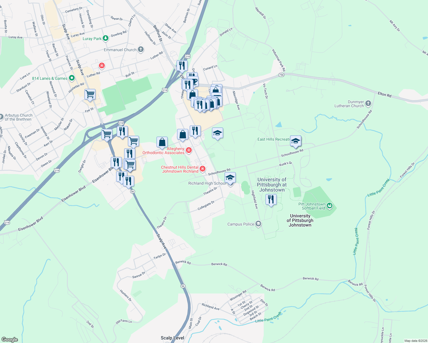 map of restaurants, bars, coffee shops, grocery stores, and more near 295 Schoolhouse Rd in Johnstown