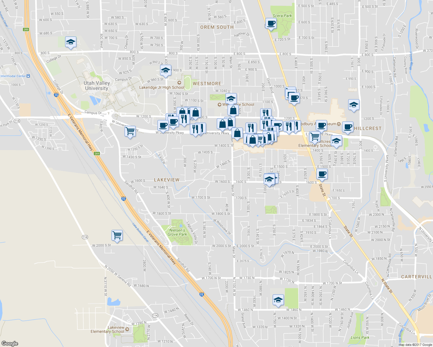 map of restaurants, bars, coffee shops, grocery stores, and more near 122 West 1560 South Street in Orem