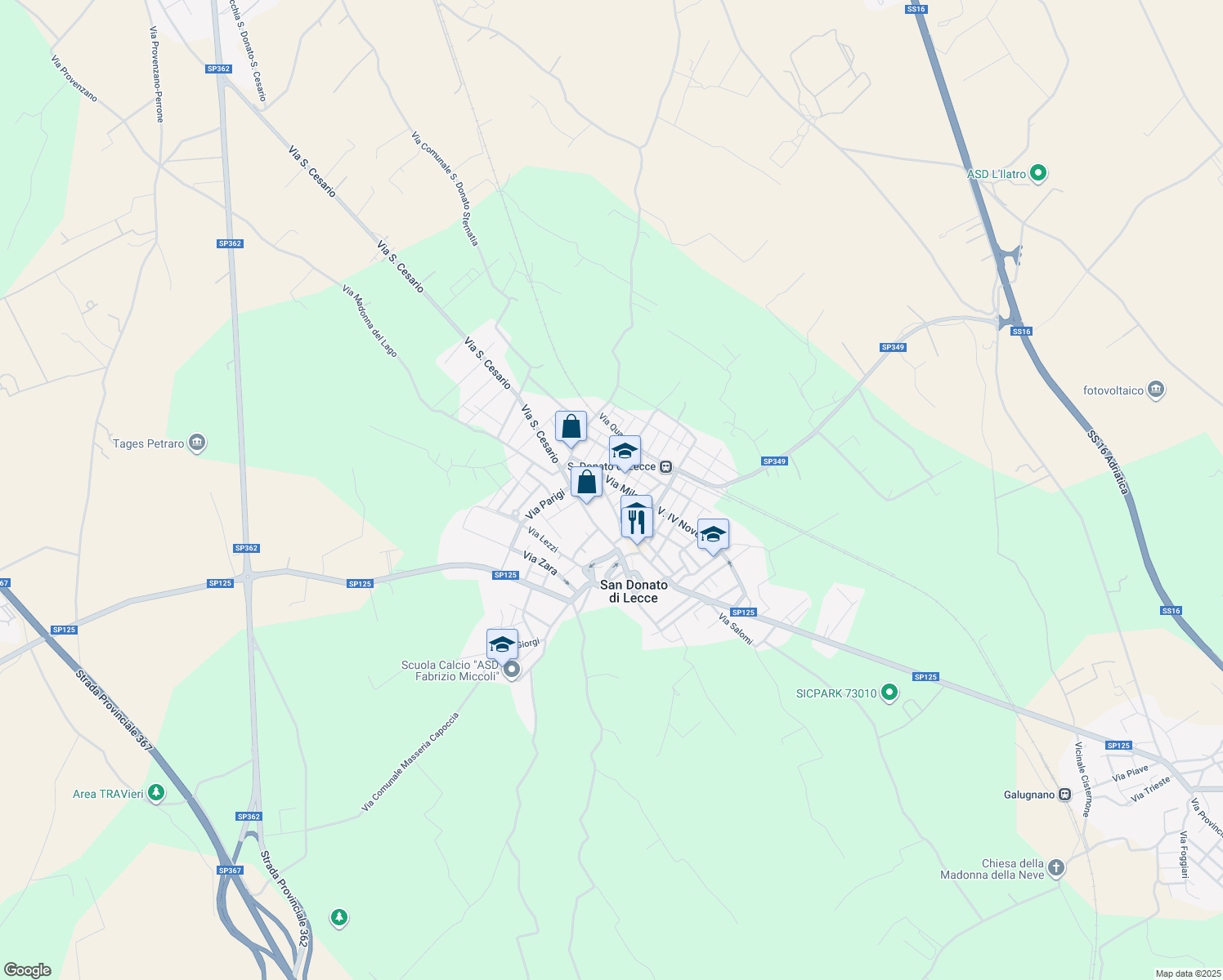 map of restaurants, bars, coffee shops, grocery stores, and more near 12 Via Venezia in San Donato di Lecce
