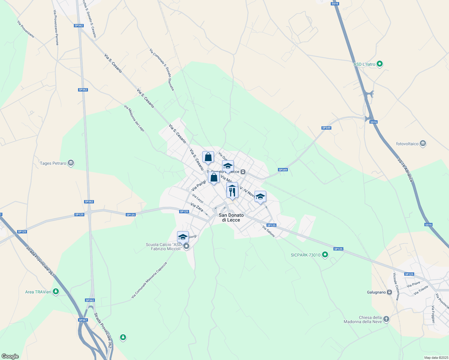 map of restaurants, bars, coffee shops, grocery stores, and more near 12 Via Venezia in San Donato di Lecce