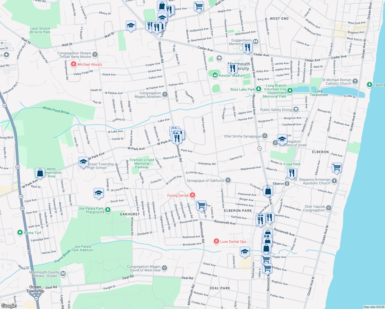 map of restaurants, bars, coffee shops, grocery stores, and more near 326 Park Ave in Ocean Township