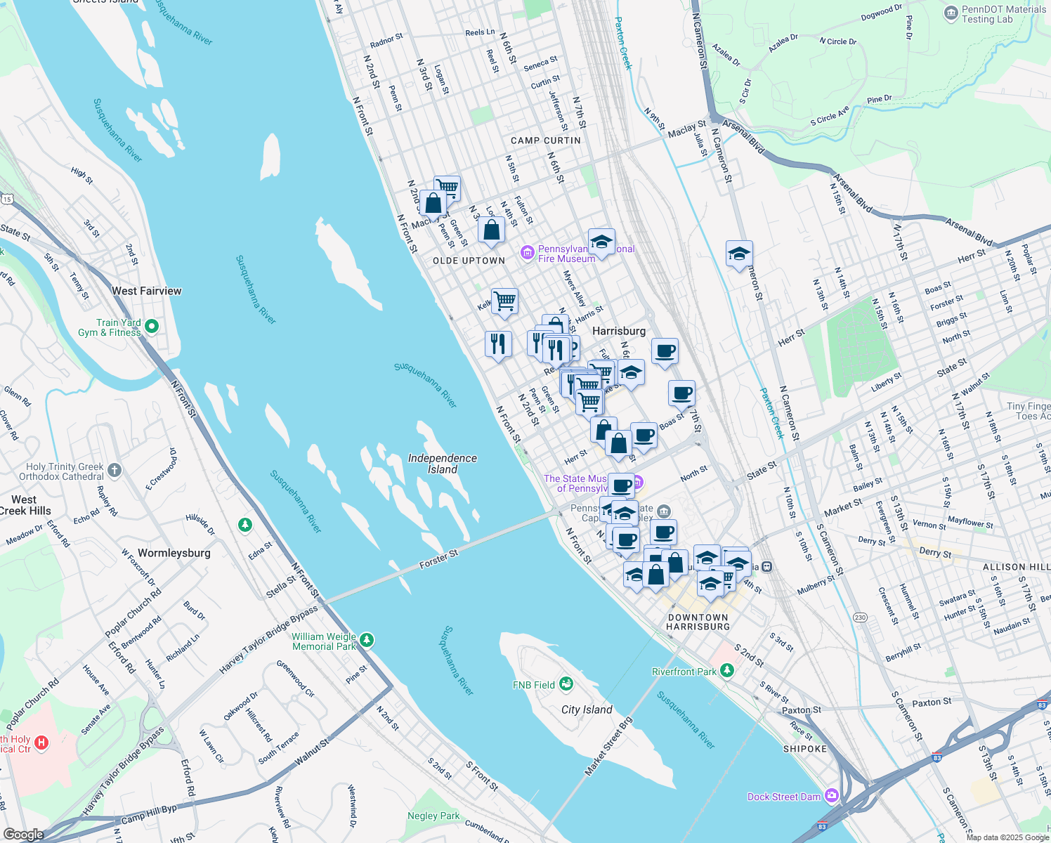 map of restaurants, bars, coffee shops, grocery stores, and more near 124 Sayford Street in Harrisburg