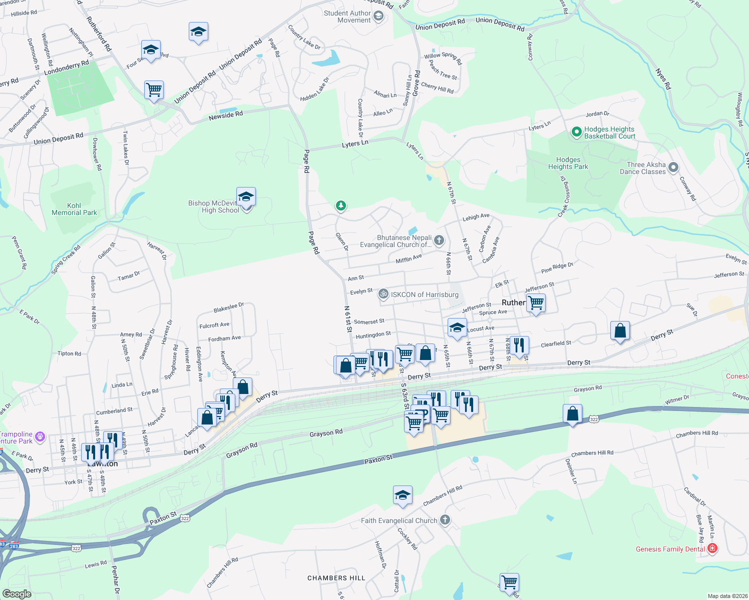 map of restaurants, bars, coffee shops, grocery stores, and more near 53200 N 62nd St in Harrisburg