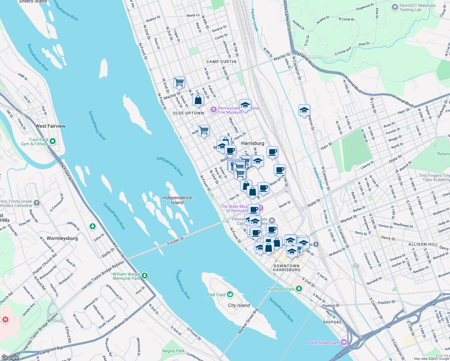 map of restaurants, bars, coffee shops, grocery stores, and more near 228 Verbeke Street in Harrisburg