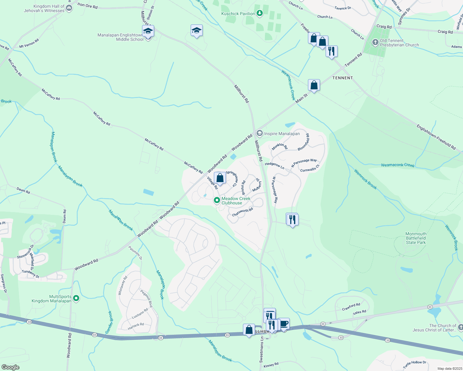 map of restaurants, bars, coffee shops, grocery stores, and more near 23 Springhouse Circle in Manalapan Township