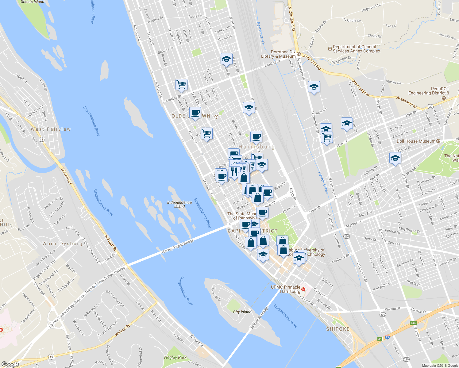map of restaurants, bars, coffee shops, grocery stores, and more near 234 Verbeke Street in Harrisburg