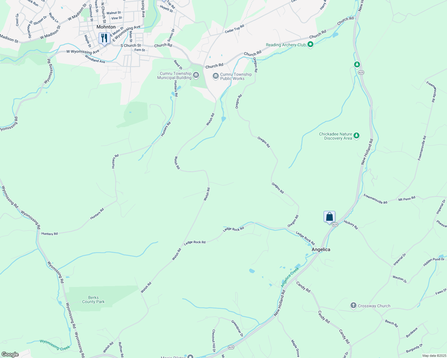map of restaurants, bars, coffee shops, grocery stores, and more near 2 Forest Road in Mohnton