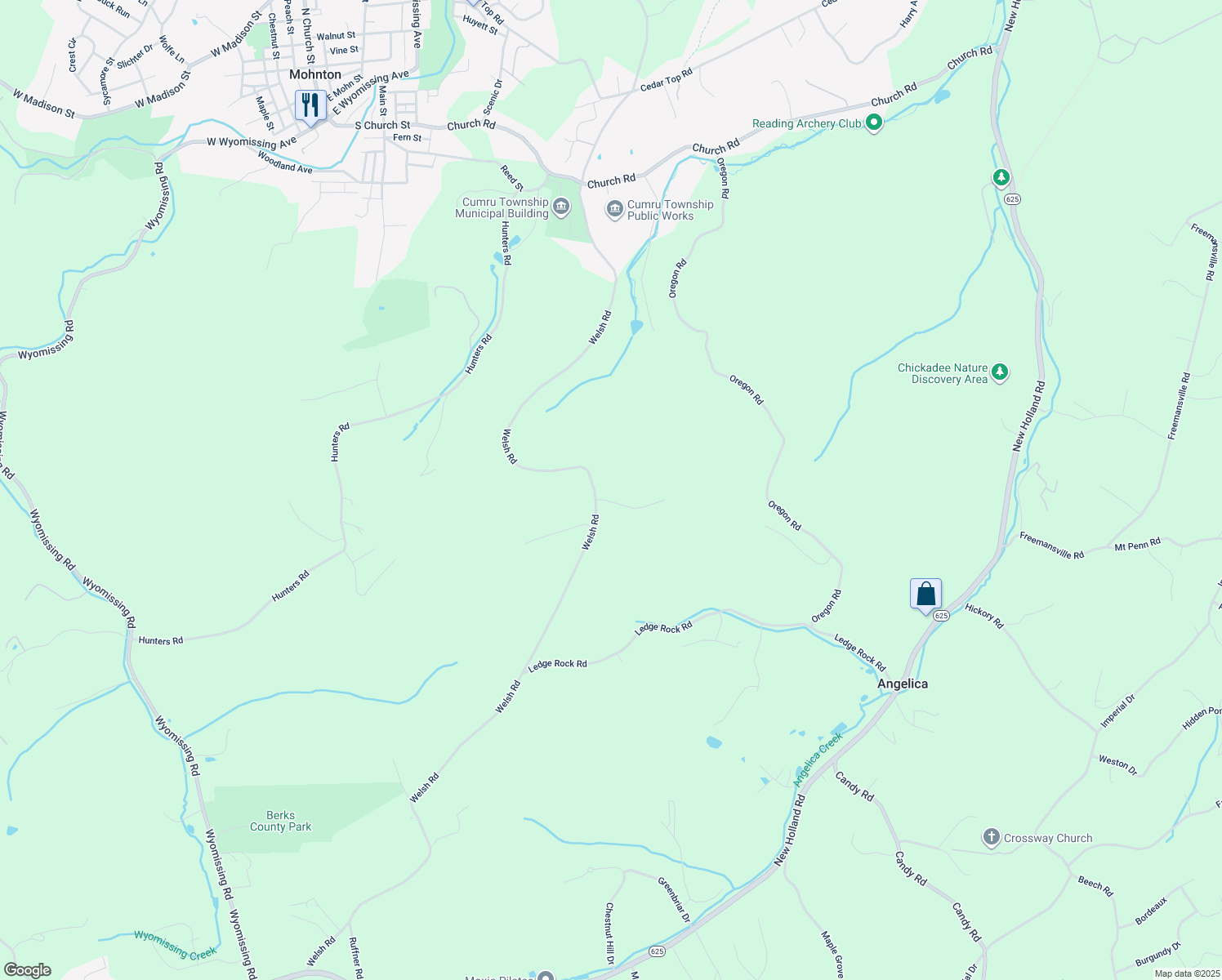 map of restaurants, bars, coffee shops, grocery stores, and more near 1 Forest Road in Mohnton