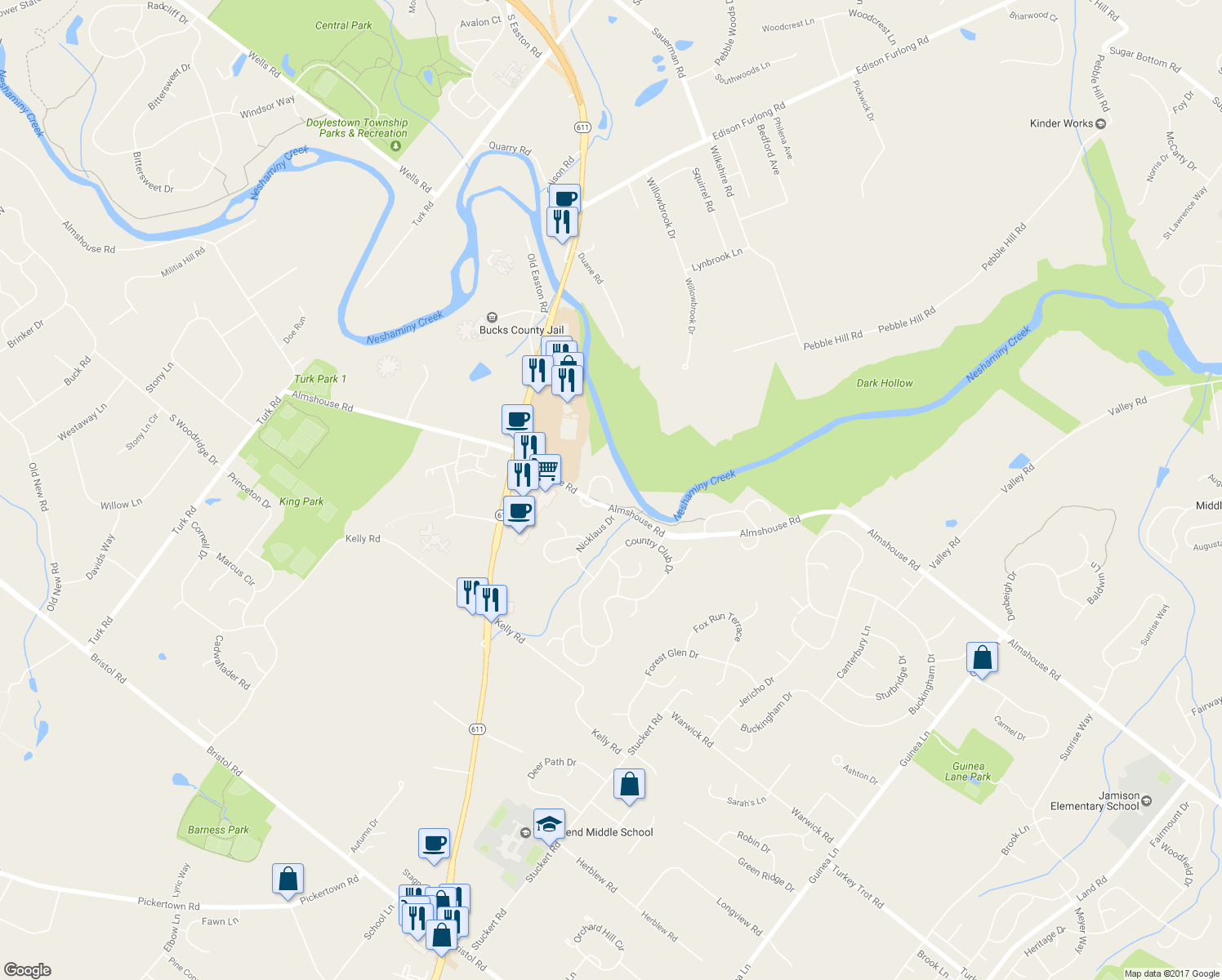 map of restaurants, bars, coffee shops, grocery stores, and more near 702 Eagle Lane in Doylestown