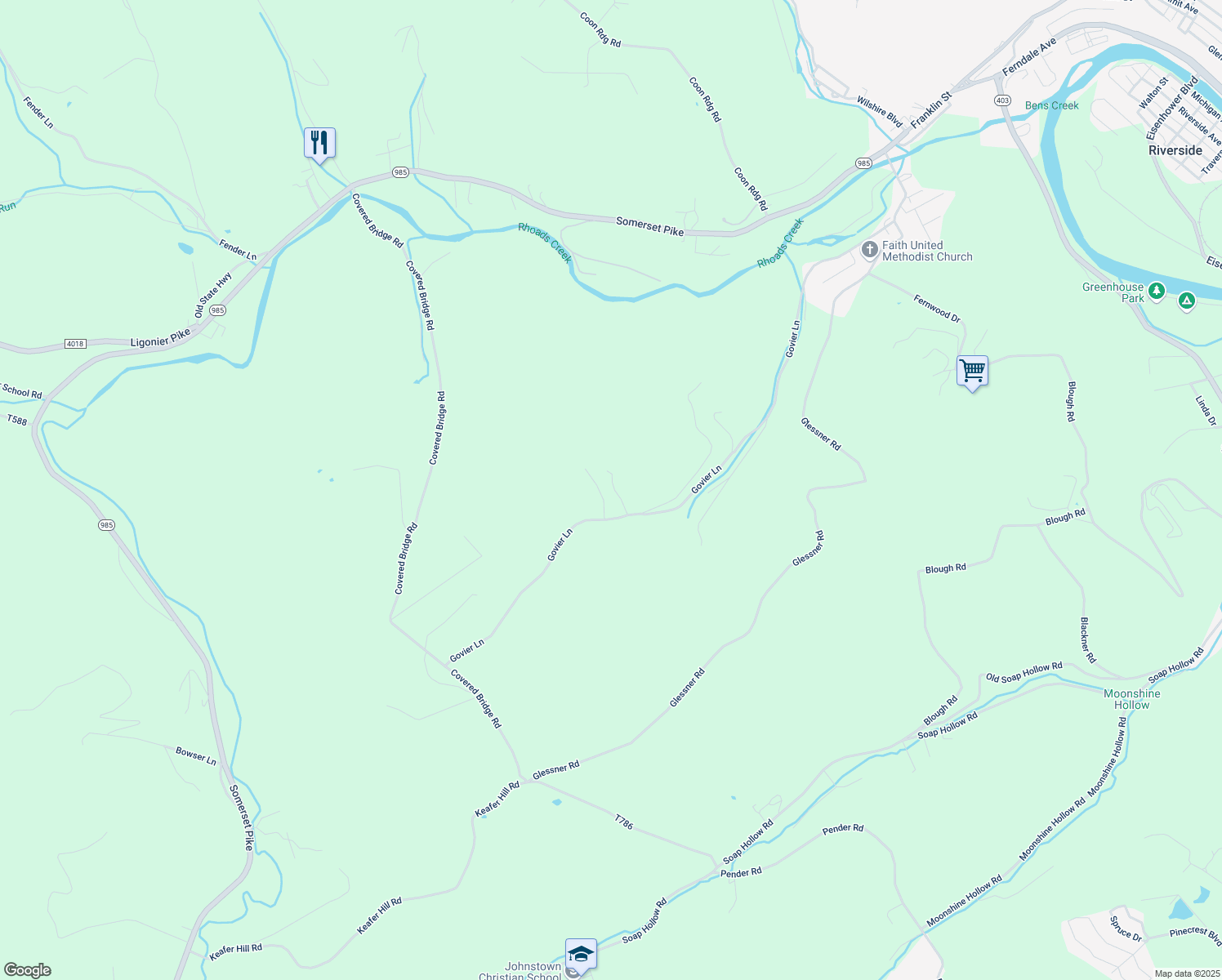 map of restaurants, bars, coffee shops, grocery stores, and more near 145 Kordell Lane in Johnstown