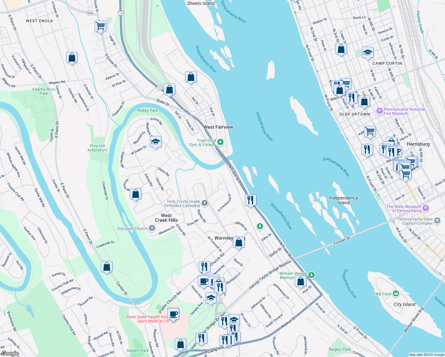 map of restaurants, bars, coffee shops, grocery stores, and more near 2470 Waterford in Camp Hill
