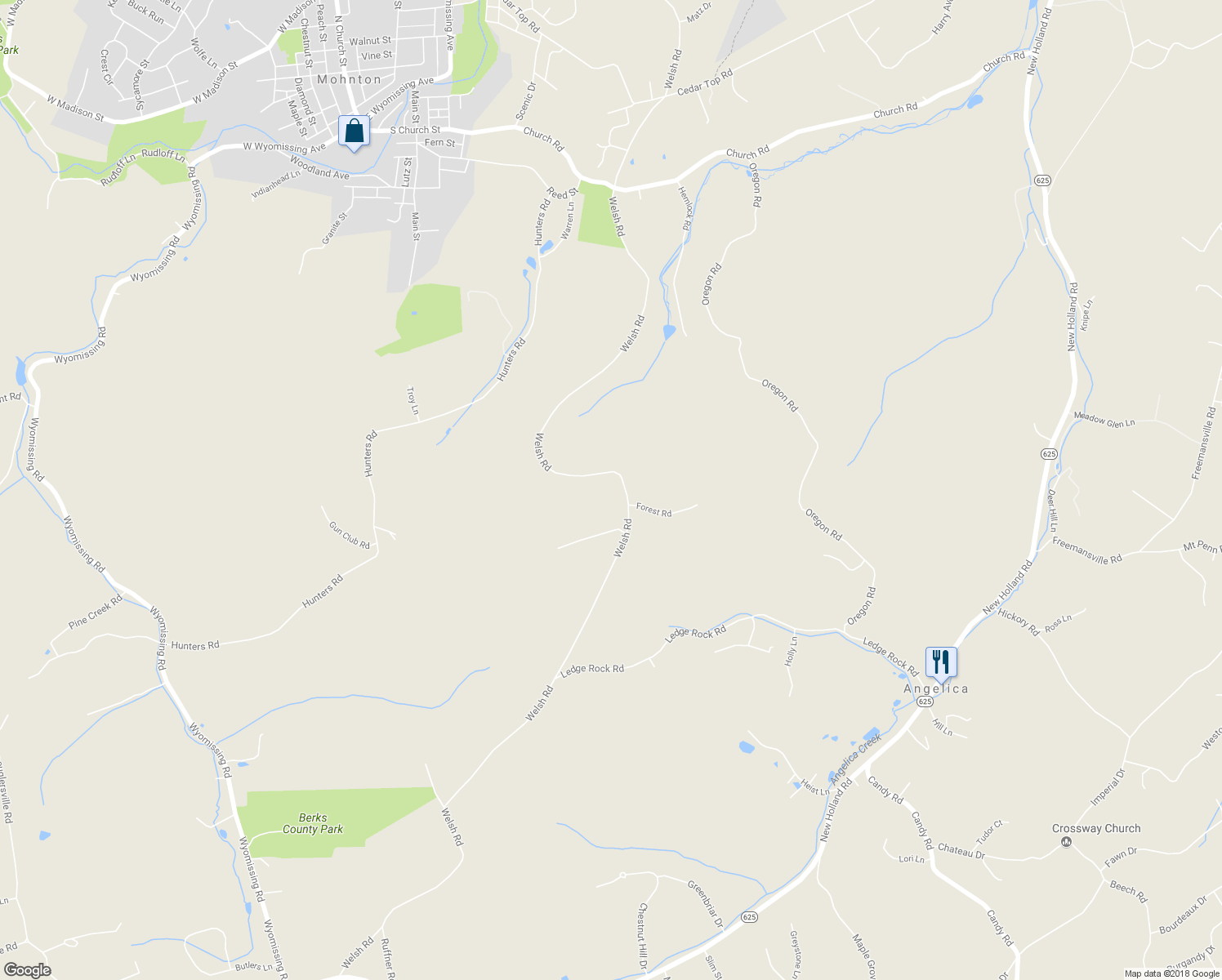 map of restaurants, bars, coffee shops, grocery stores, and more near 2319 Welsh Road in Mohnton