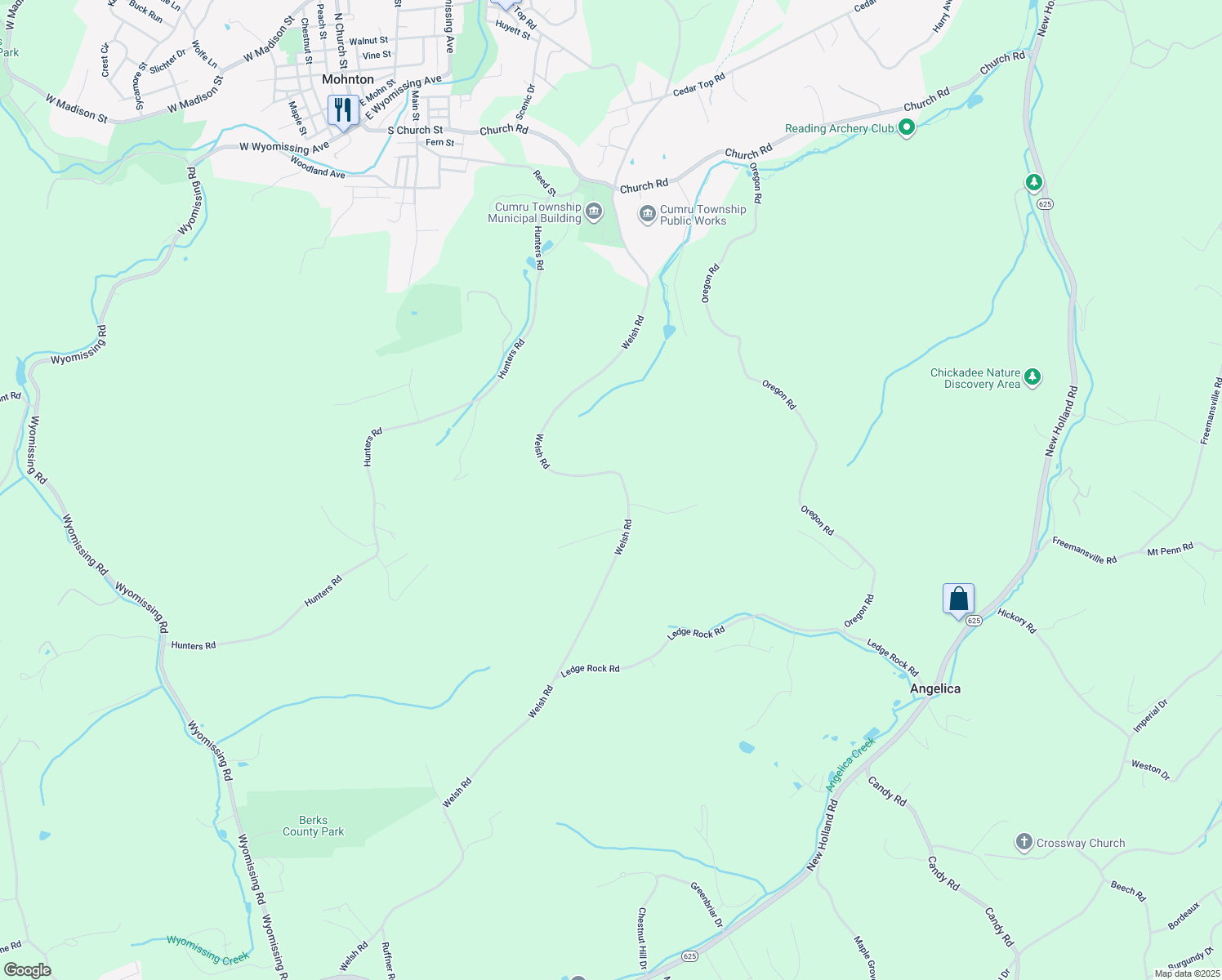 map of restaurants, bars, coffee shops, grocery stores, and more near 2319 Welsh Road in Mohnton