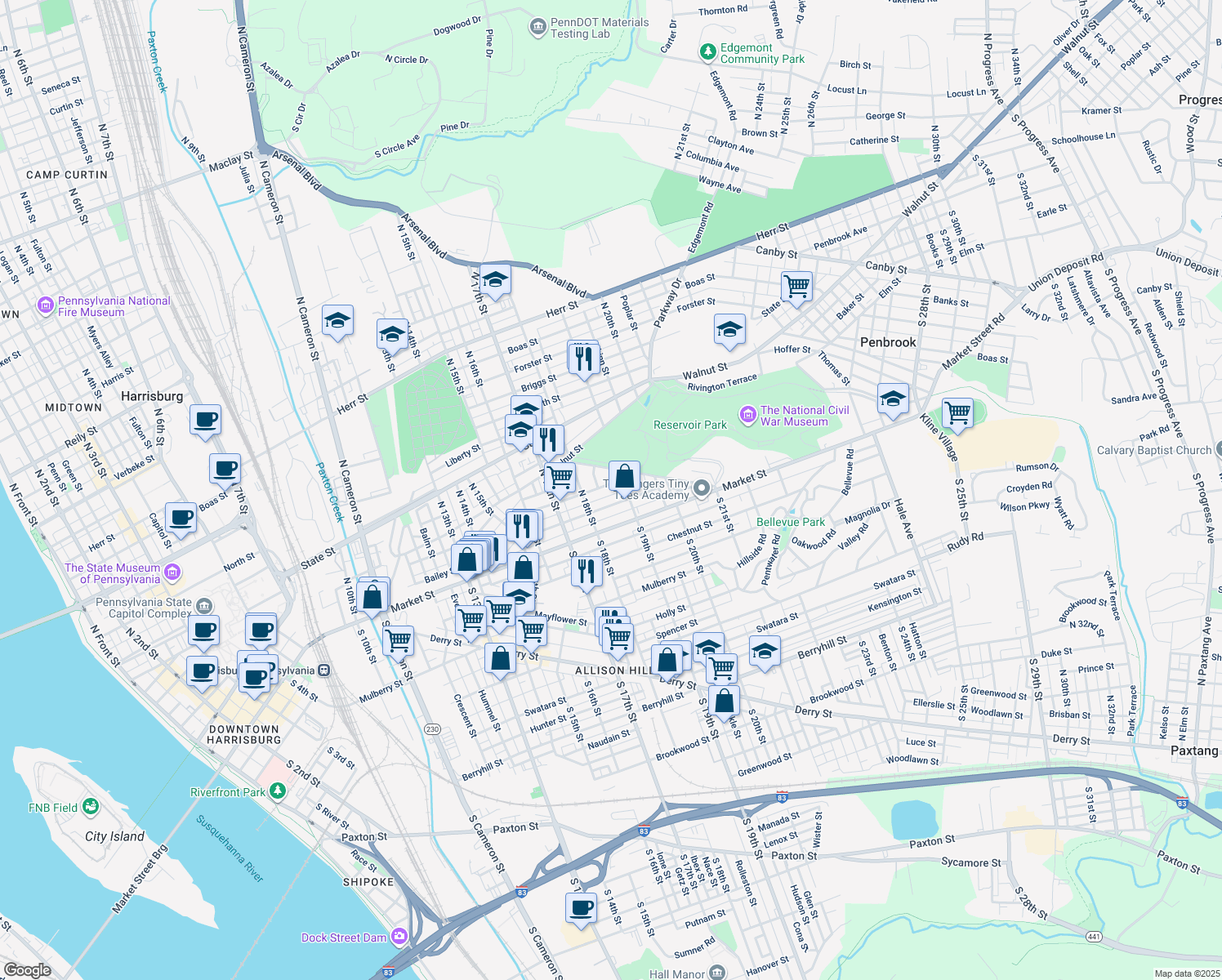 map of restaurants, bars, coffee shops, grocery stores, and more near 1843 Regina Street in Harrisburg