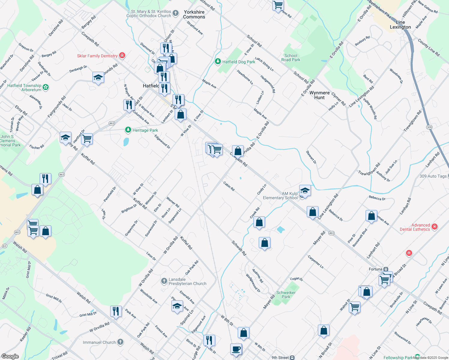 map of restaurants, bars, coffee shops, grocery stores, and more near 1403 West Orvilla Road in Hatfield