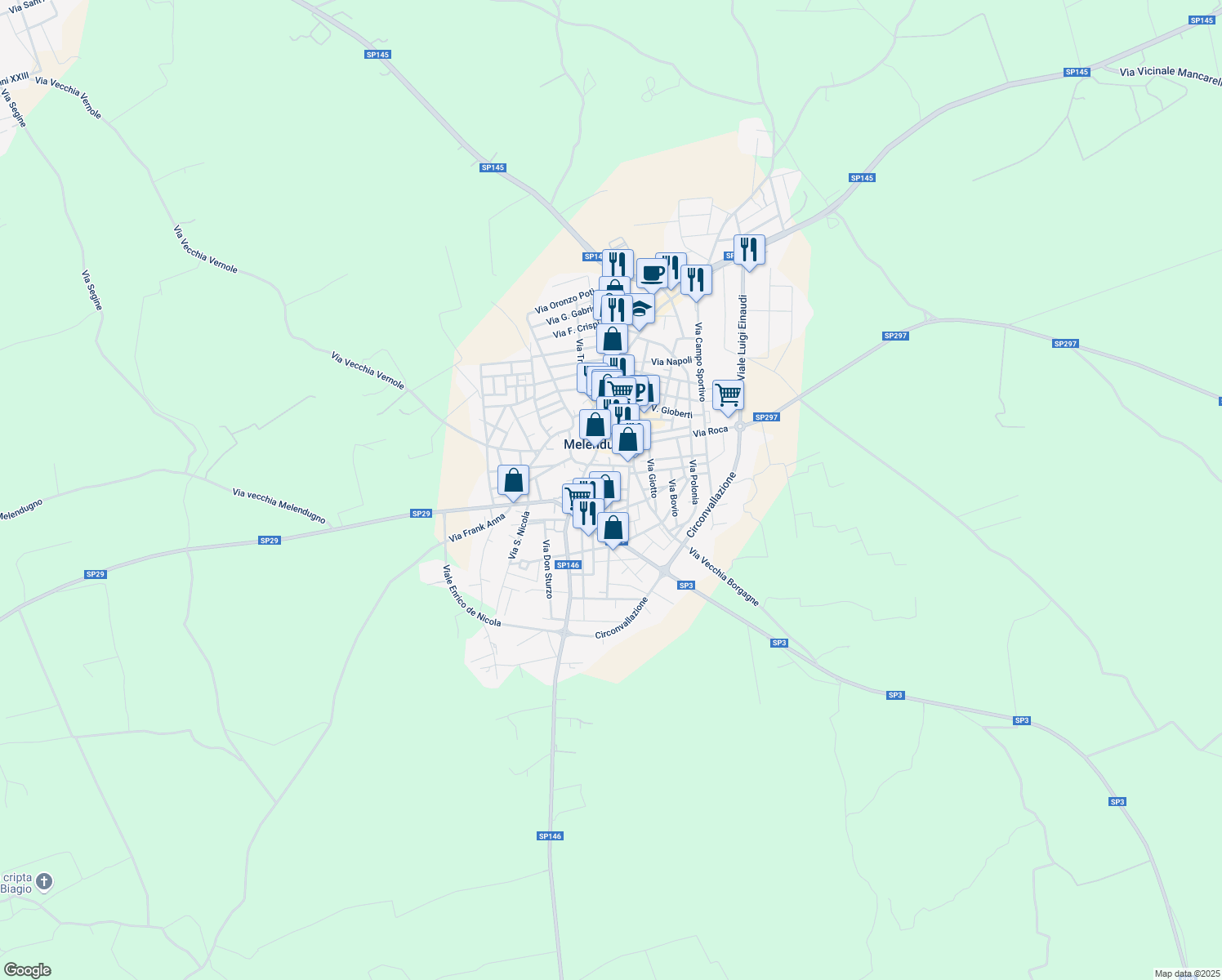 map of restaurants, bars, coffee shops, grocery stores, and more near 45 Via N. Bixio in Melendugno
