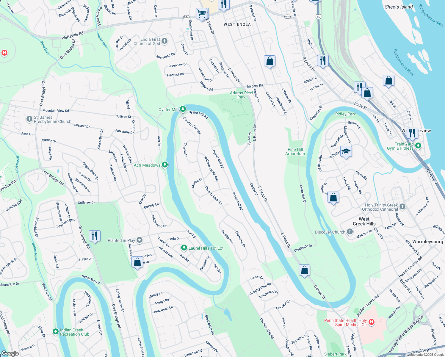 map of restaurants, bars, coffee shops, grocery stores, and more near 23 Woburn Abbey Avenue in Camp Hill