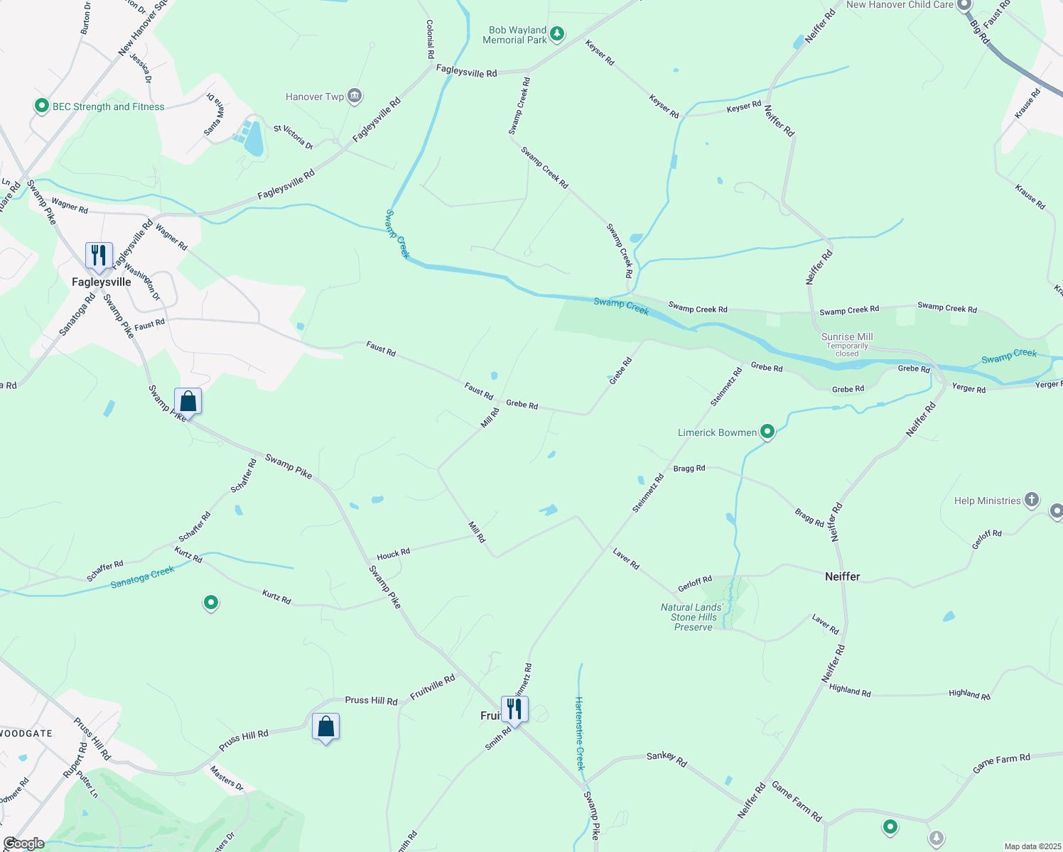 map of restaurants, bars, coffee shops, grocery stores, and more near 18 Grebe Road in Schwenksville