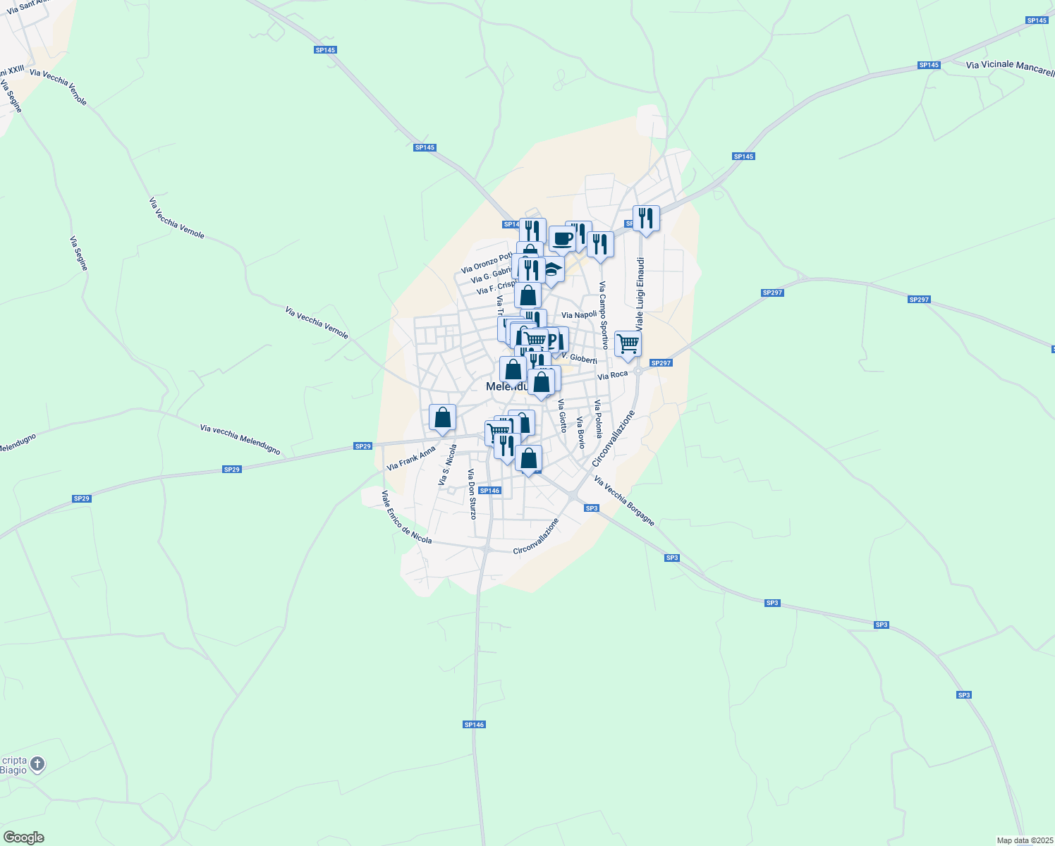 map of restaurants, bars, coffee shops, grocery stores, and more near Piazza Borgo San Antonio in Melendugno