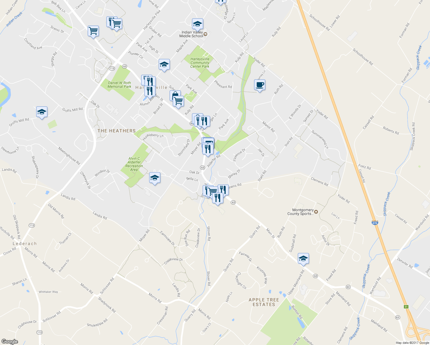 map of restaurants, bars, coffee shops, grocery stores, and more near 290 Pamela Circle in Harleysville