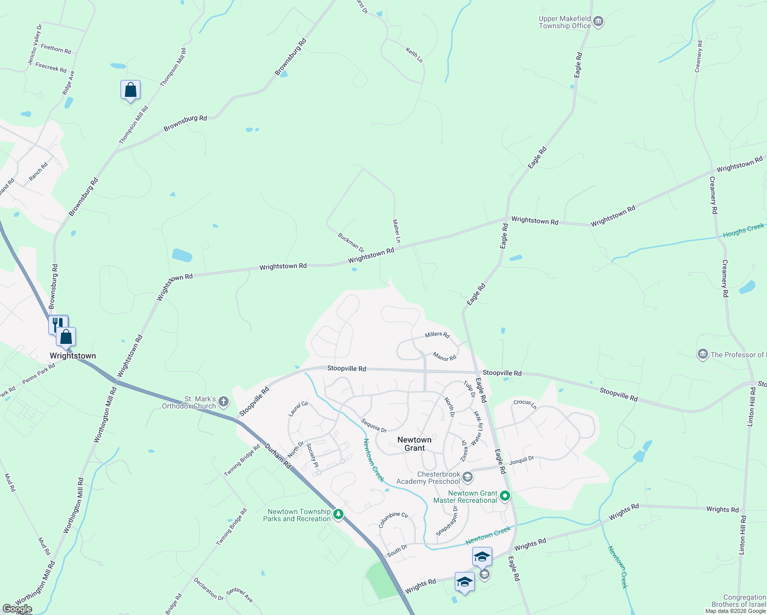 map of restaurants, bars, coffee shops, grocery stores, and more near 1 Eagleton Farm Road in Newtown