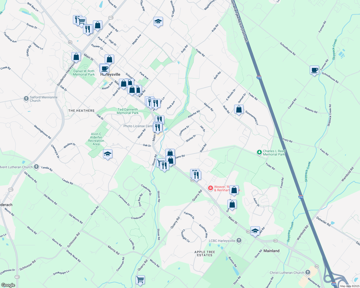 map of restaurants, bars, coffee shops, grocery stores, and more near 263 Kathleen Circle in Harleysville