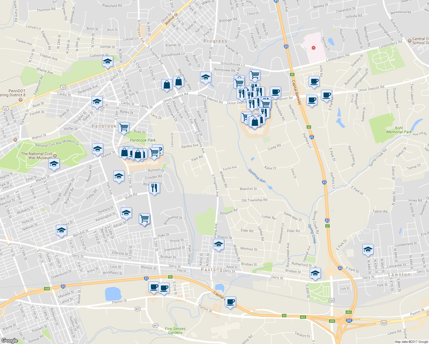 map of restaurants, bars, coffee shops, grocery stores, and more near 916 South Progress Avenue in Harrisburg