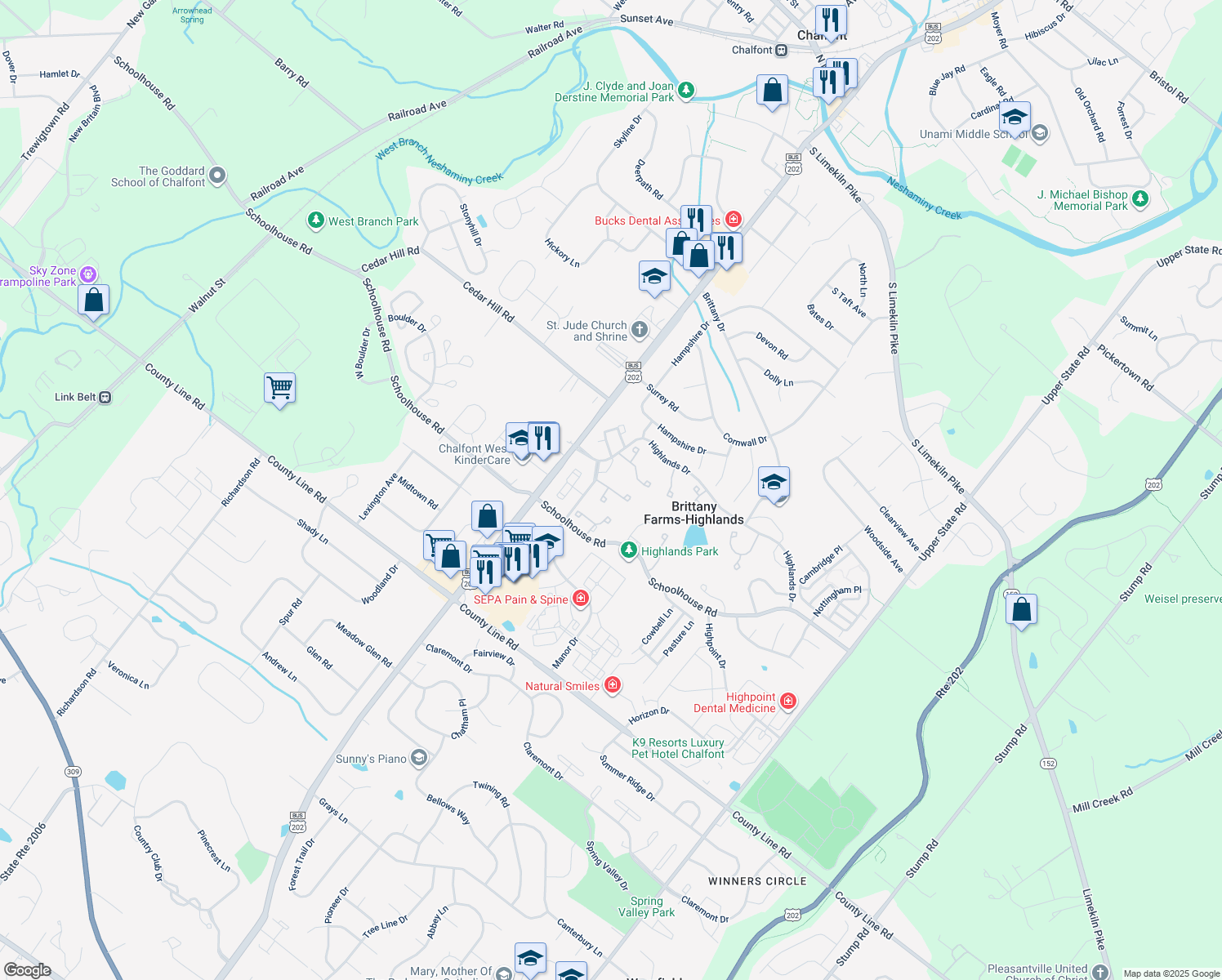 map of restaurants, bars, coffee shops, grocery stores, and more near 67 Applecross Circle in Chalfont